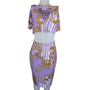 Venus Lavander Gold Chain Leaf Design Crop Blouse - Skirt Set Women's L NWT
